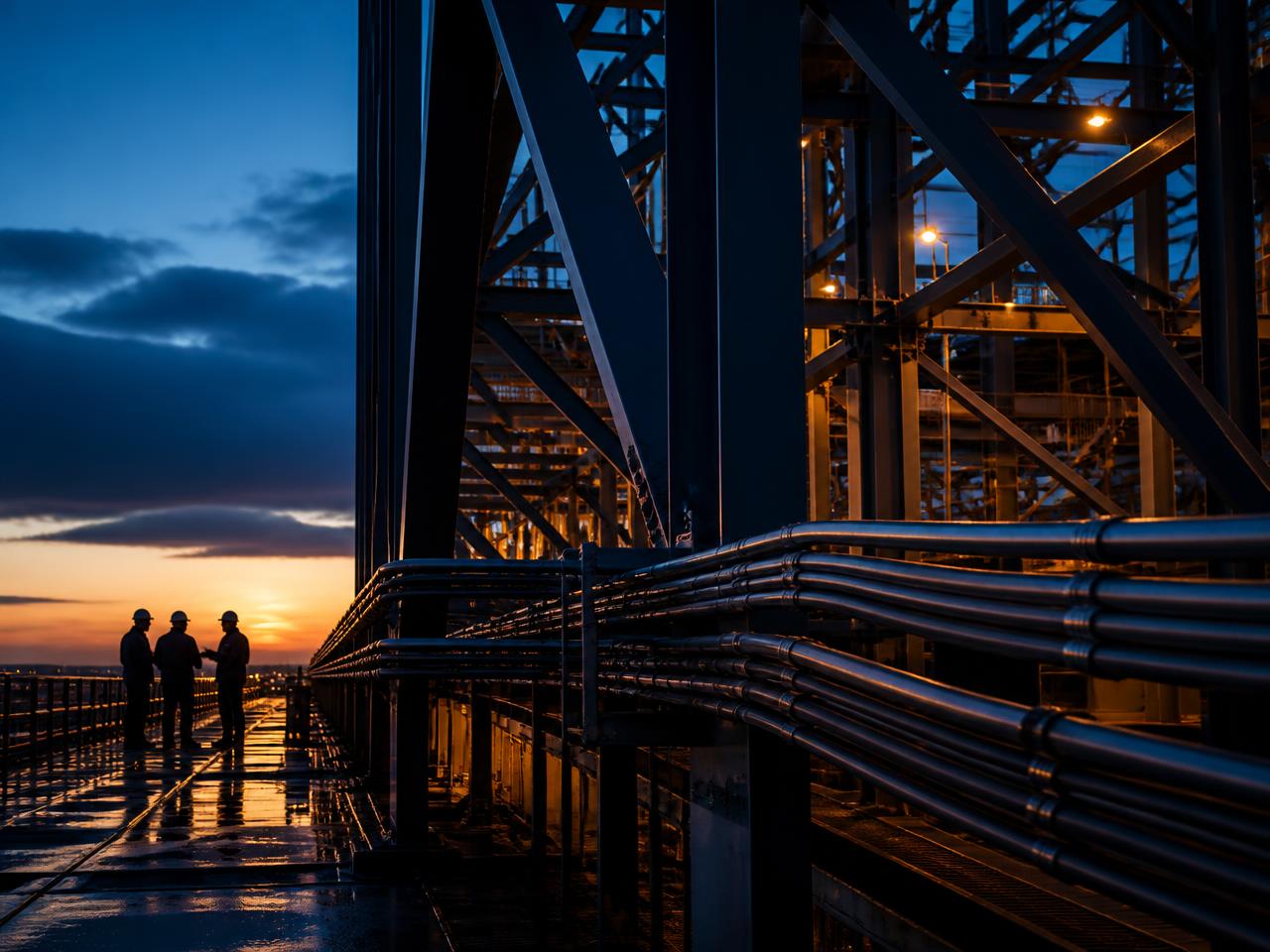 Steel infrastructure and conduit at blue hour with a crew coordinating on site
